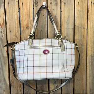 Coach Peyton Tattersall White/Plaid Leather Tote w/Gold Leath Trim